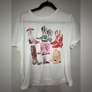 White T-Shirt with Colorful Boot Print